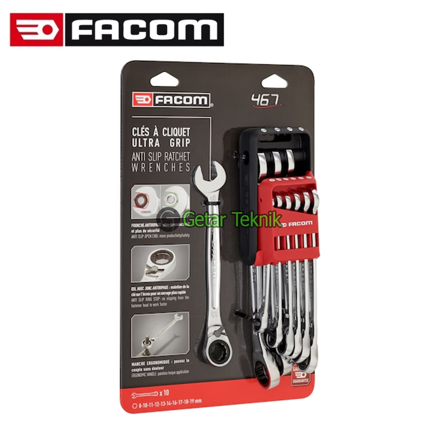 Kunci Set Ring Pas Ratchet 10 pcs (8 to 19mm) Facom 467B.JP10PB