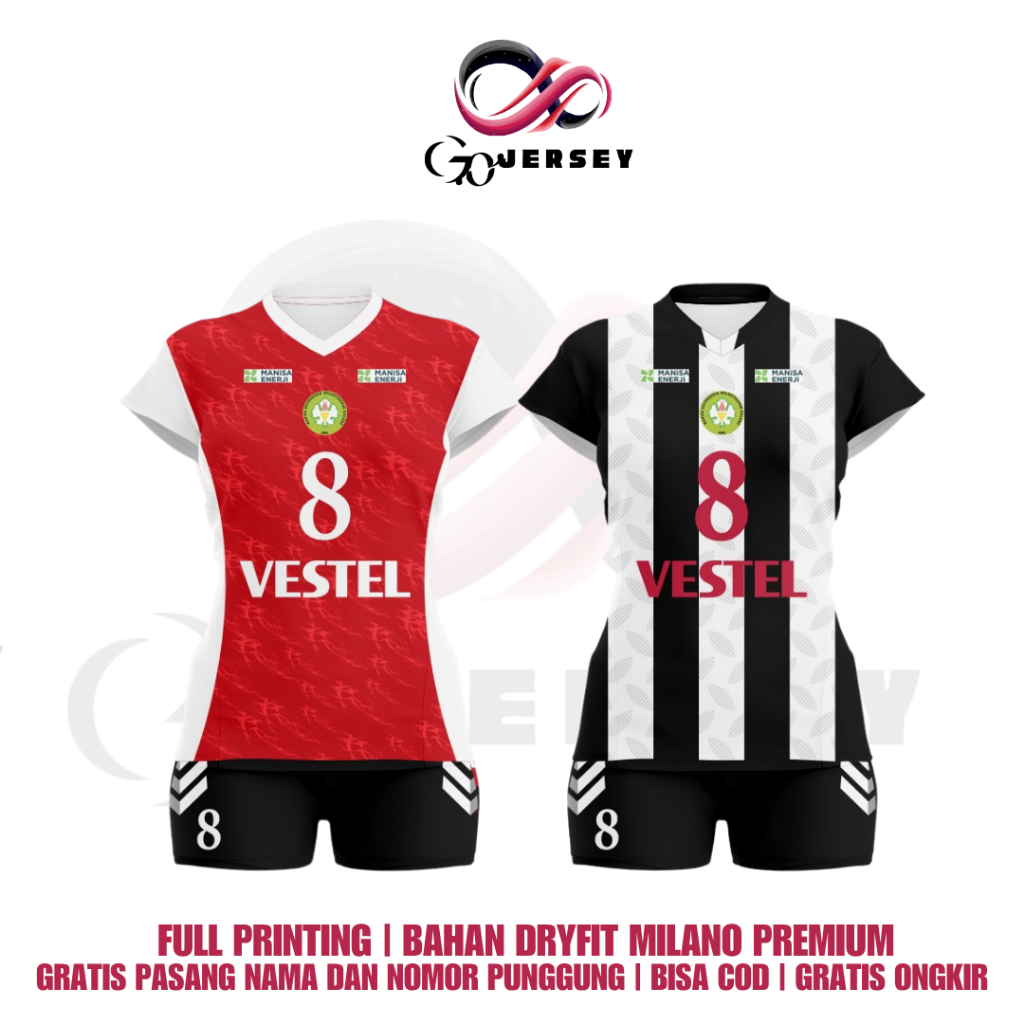 Jersey Voli Vestel Manisa BBSK Full Printing Gratis Pasang Nama Logo Dan Nomor Punggung