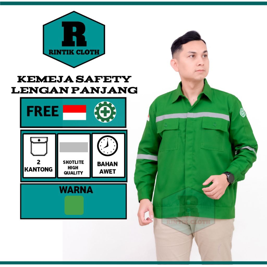 baju safety lengan panjang warna hijau untuk kerja lapangan proyek