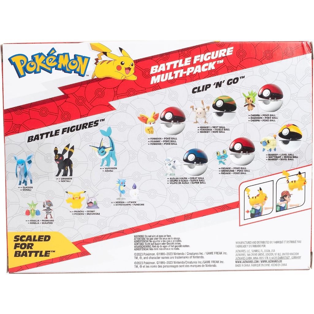 Pokémon Battle Ready Figure Set, 6 Pieces - 4.5" Ash & Launching Pikachu, 2" Charmander, Rowlet, Pip