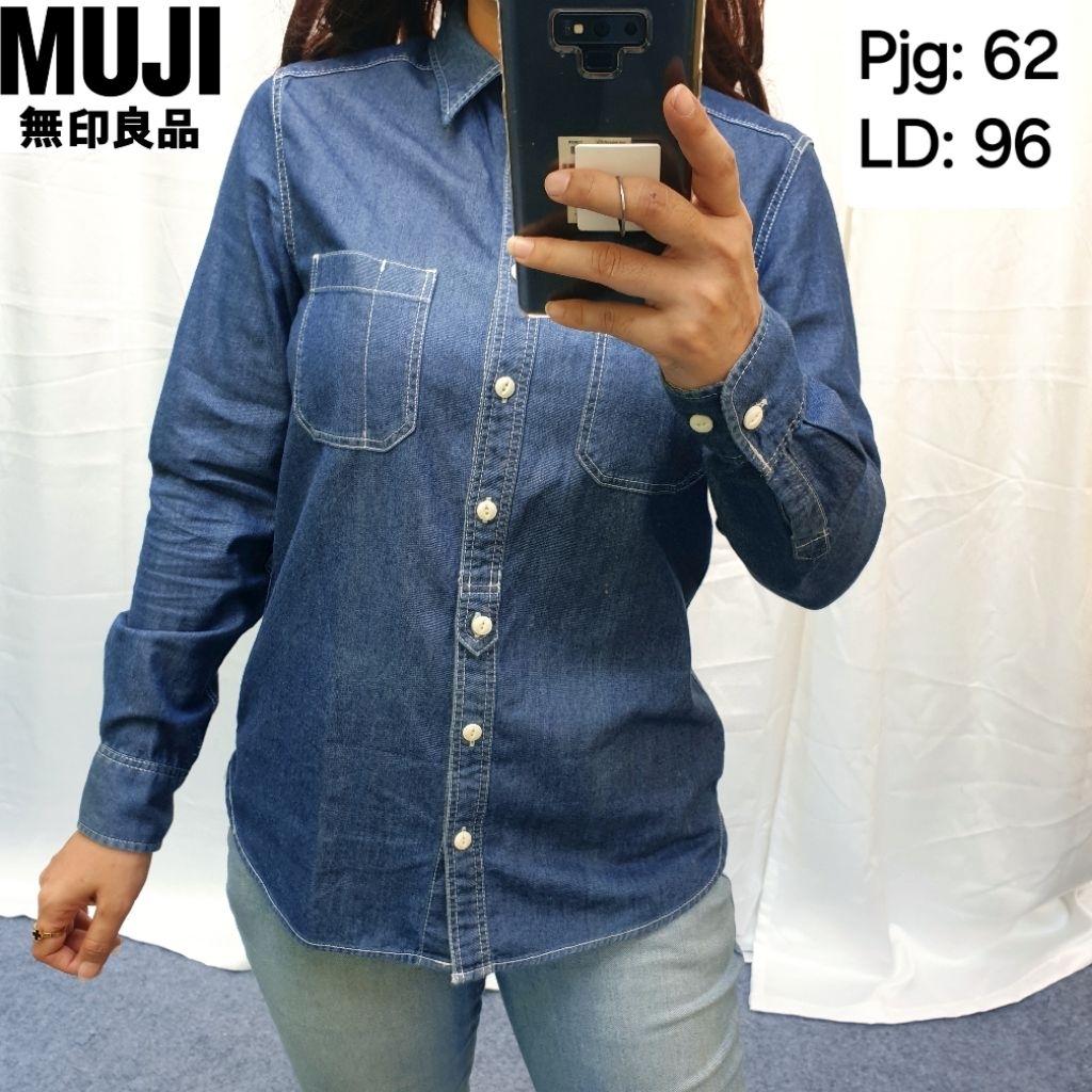 MUJI Atasan Kemeja Denim Jeans Lengan Panjang Wanita