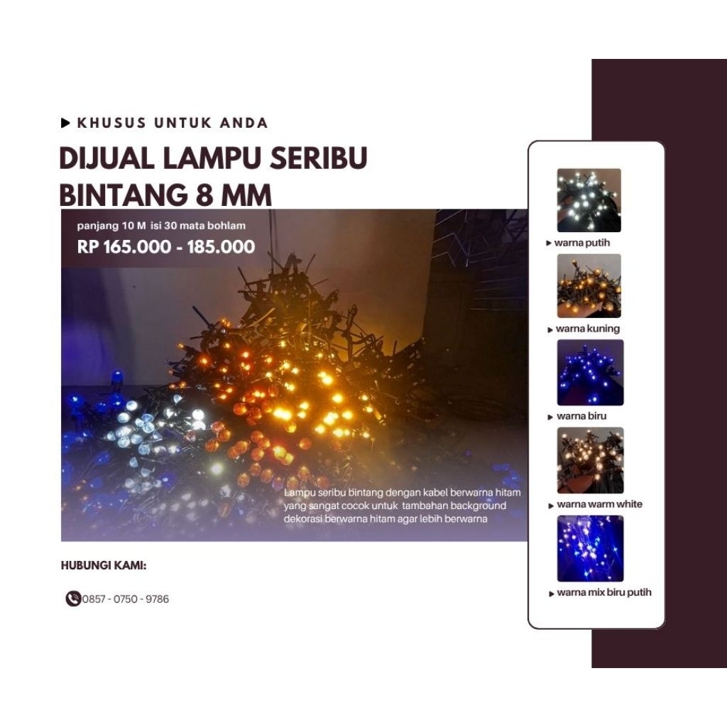 Lampu Seribu Bintang besar bohlam 8 mm panjang 10 M (isi 30 mata bohlam)