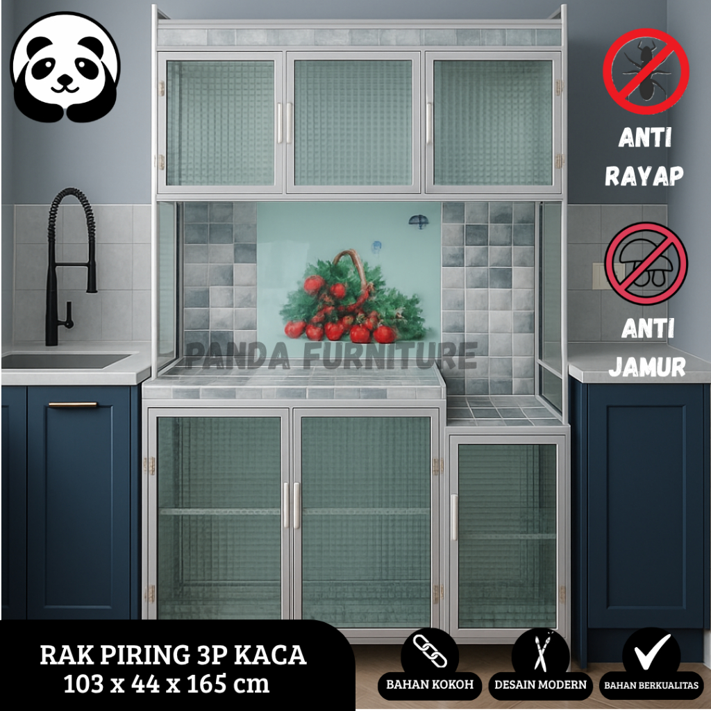 PROMO RAK PIRING ALUMUNIUM KACA 3 PINTU KERAMIK / LEMARI PIRING / RAK PIRING