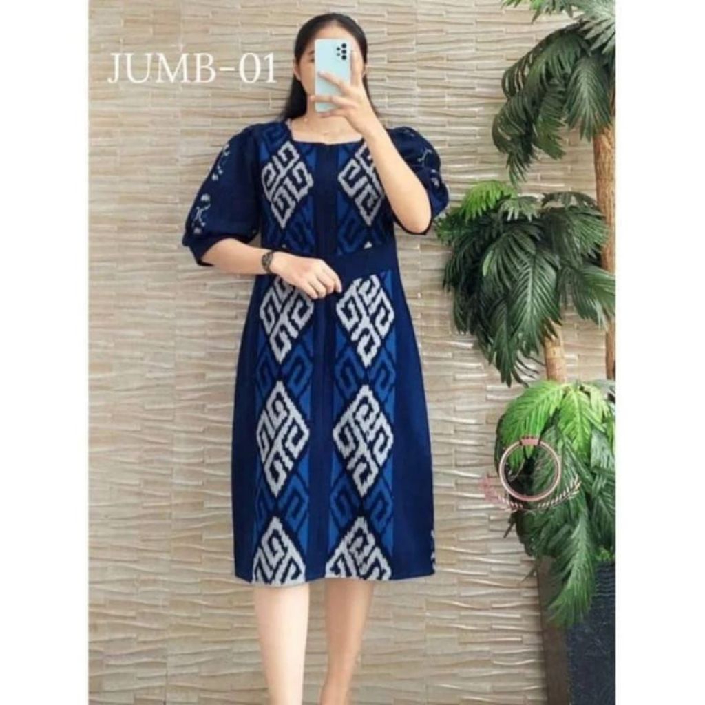 BAJU TENUN WANITA DRESS TENUN ETNIK DENGAN IKAT PINGGANG TEMPEL