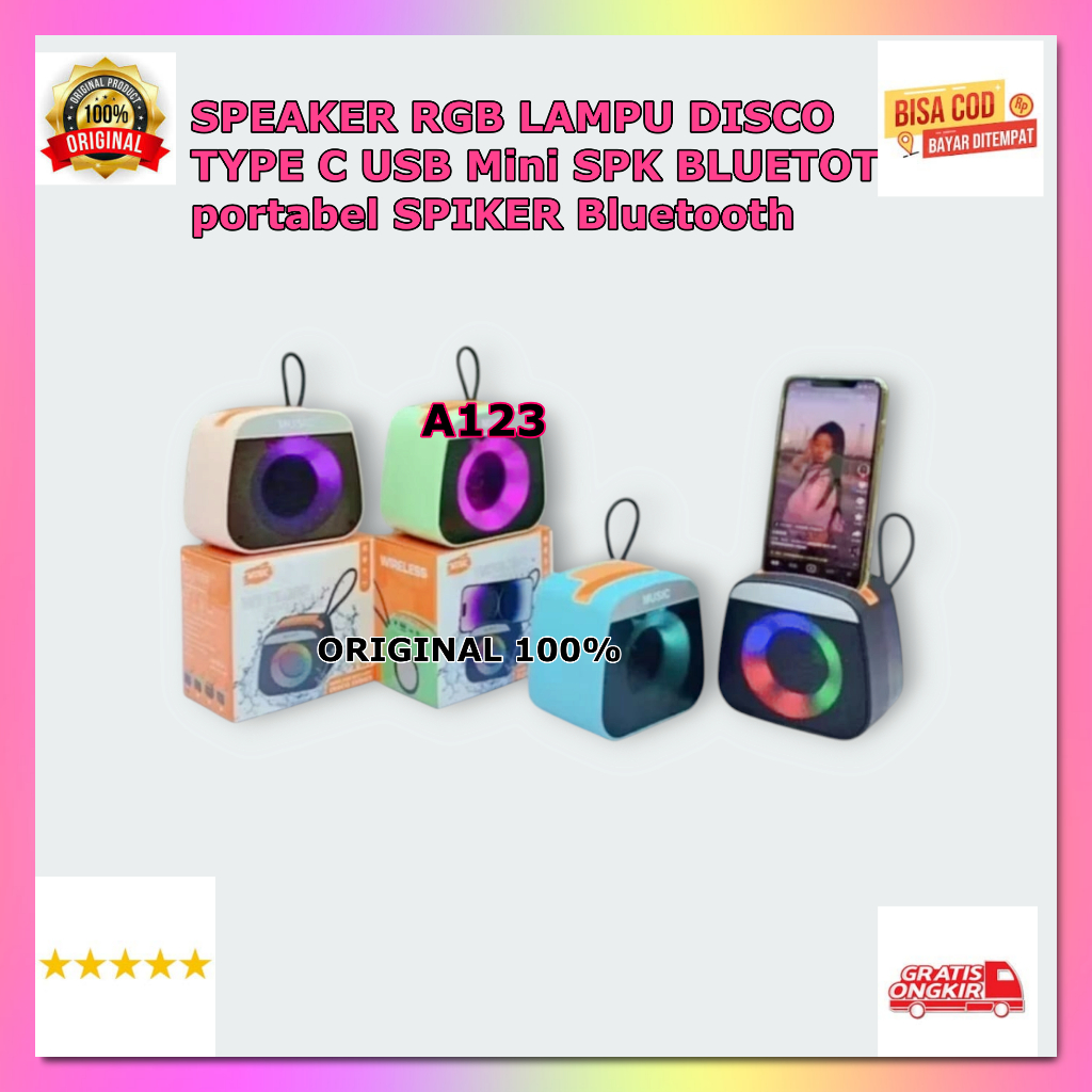 A123 AUDIO SUARA BAS  SPEAKER ORI 100% SPEAKER RGB LAMPU DISCO TYPE C USB Mini SPK BLUETOT portabel 