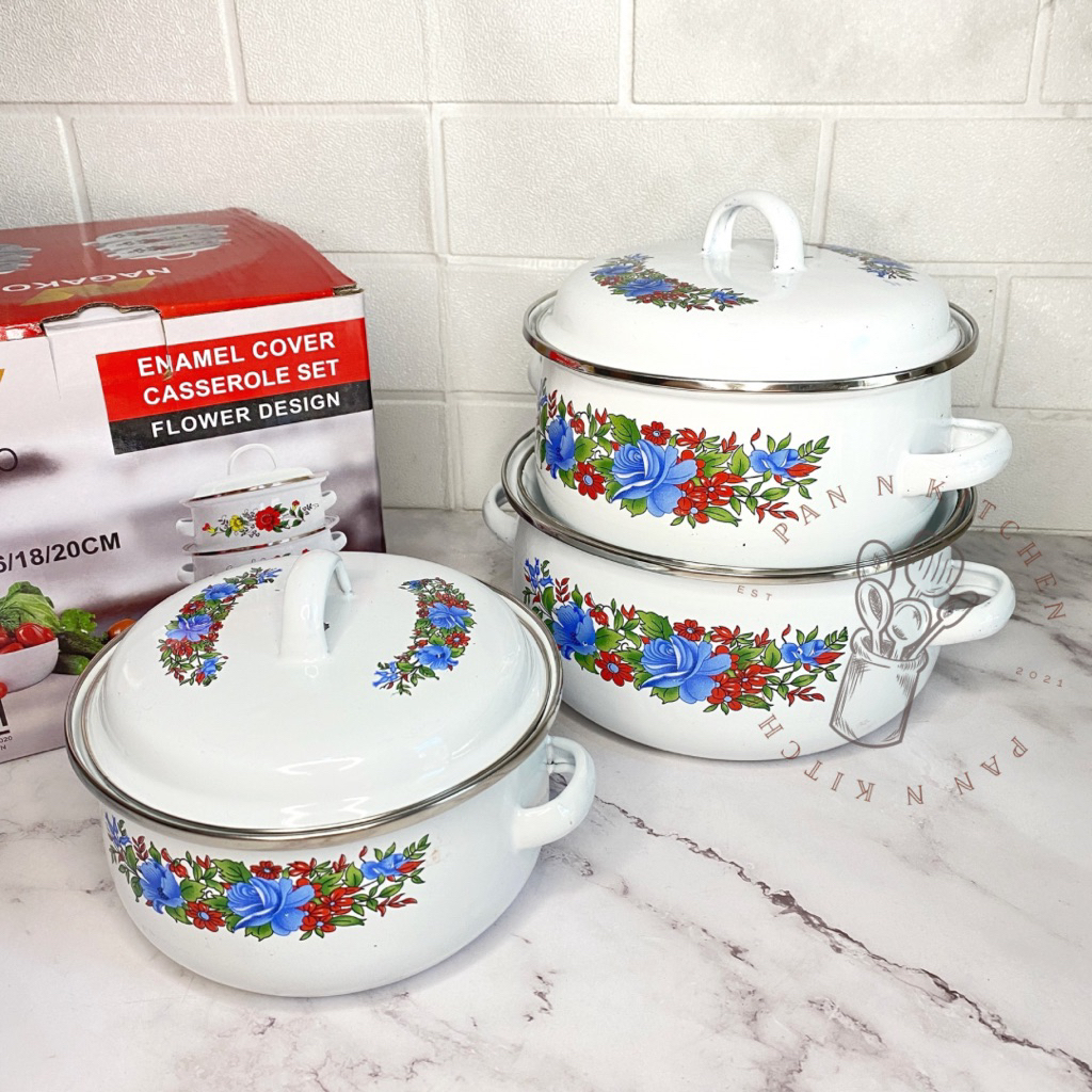 (3 Pcs) Panci Set Enamel Kembang Tutup Kaca Motif Jadul 16/18/20 cm / Panci Set Rumahan/ Panci Set K