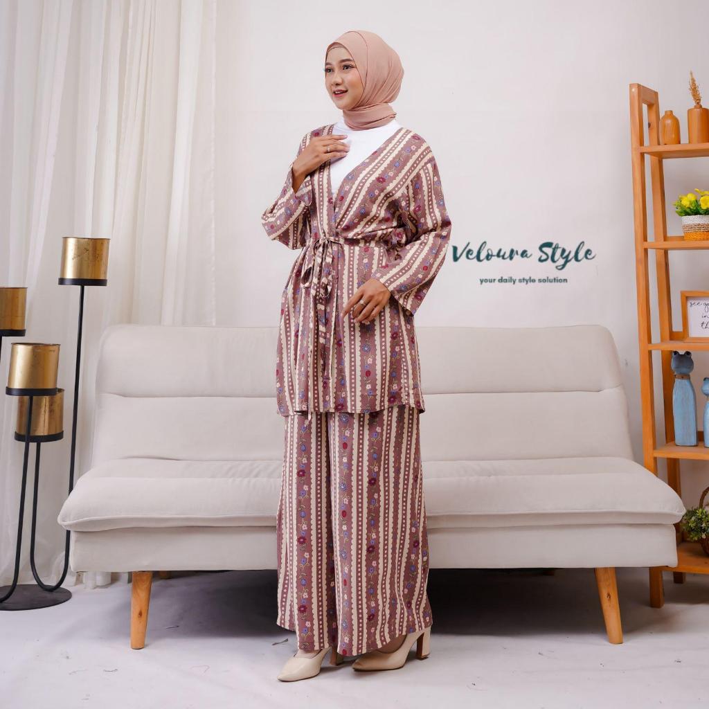 Oneset Kimono Etnik Setelan Baju Wanita Modern Setelan Atasan Bawahan Modis Casual Outfit Zoya