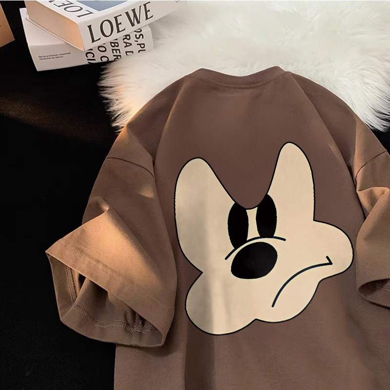 Forteid T-Shirt Washed Oversize Kaos Oversize Wanita Kartun Lucu Cetakan ekspresi lucu Kaos Coklat W