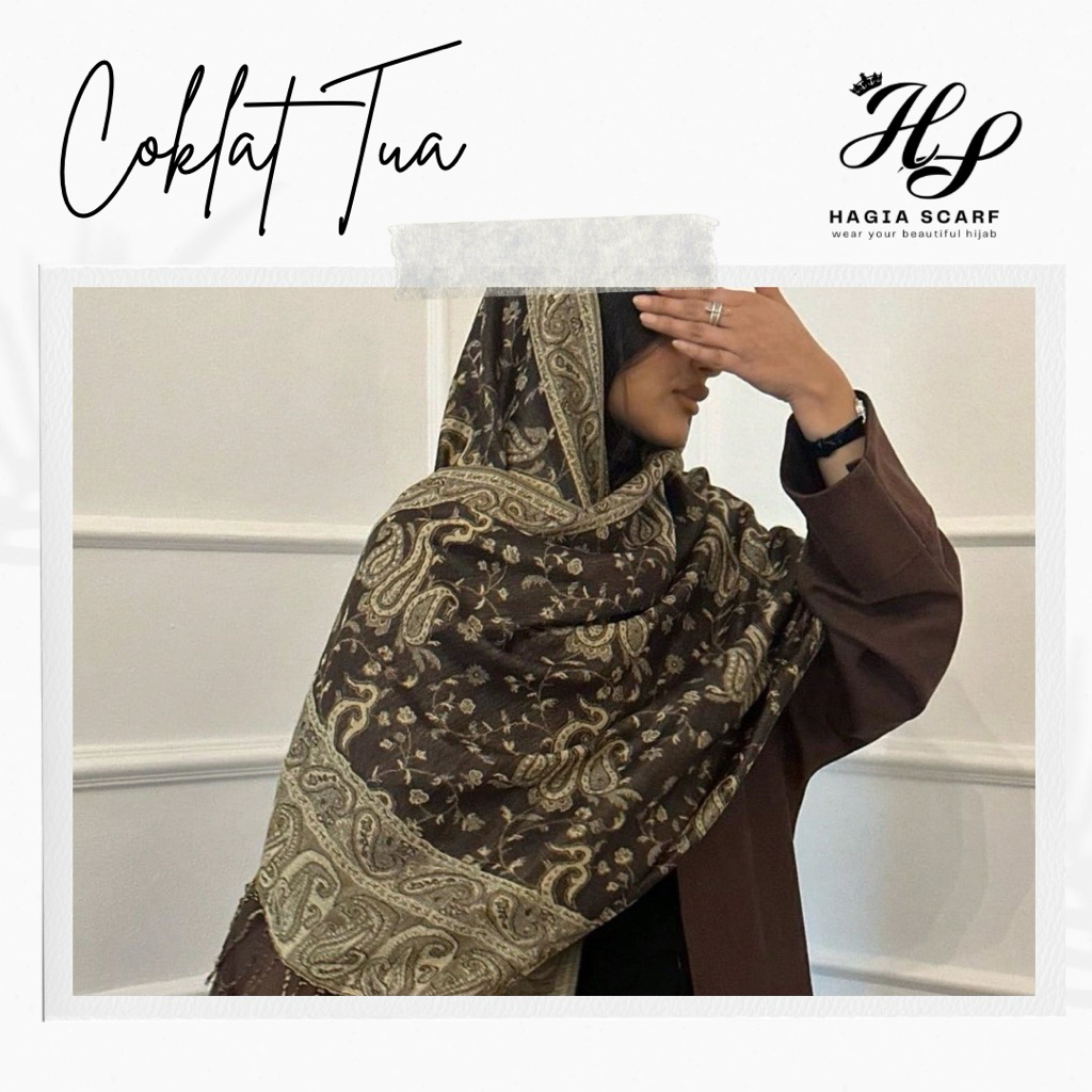 HAGIA SCARF - Cashmere Turkey Shawl Pashmina Kashmir Turki Warna Coklat Tua