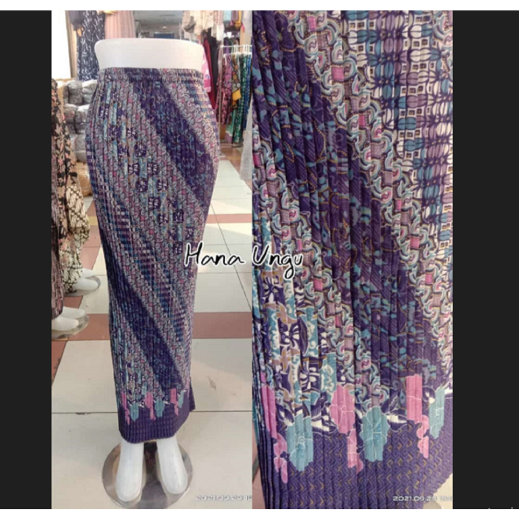Rok Batik Wanita Model Plisket Bahan Semi Sutra Silky Motif Hana Warna Ungu