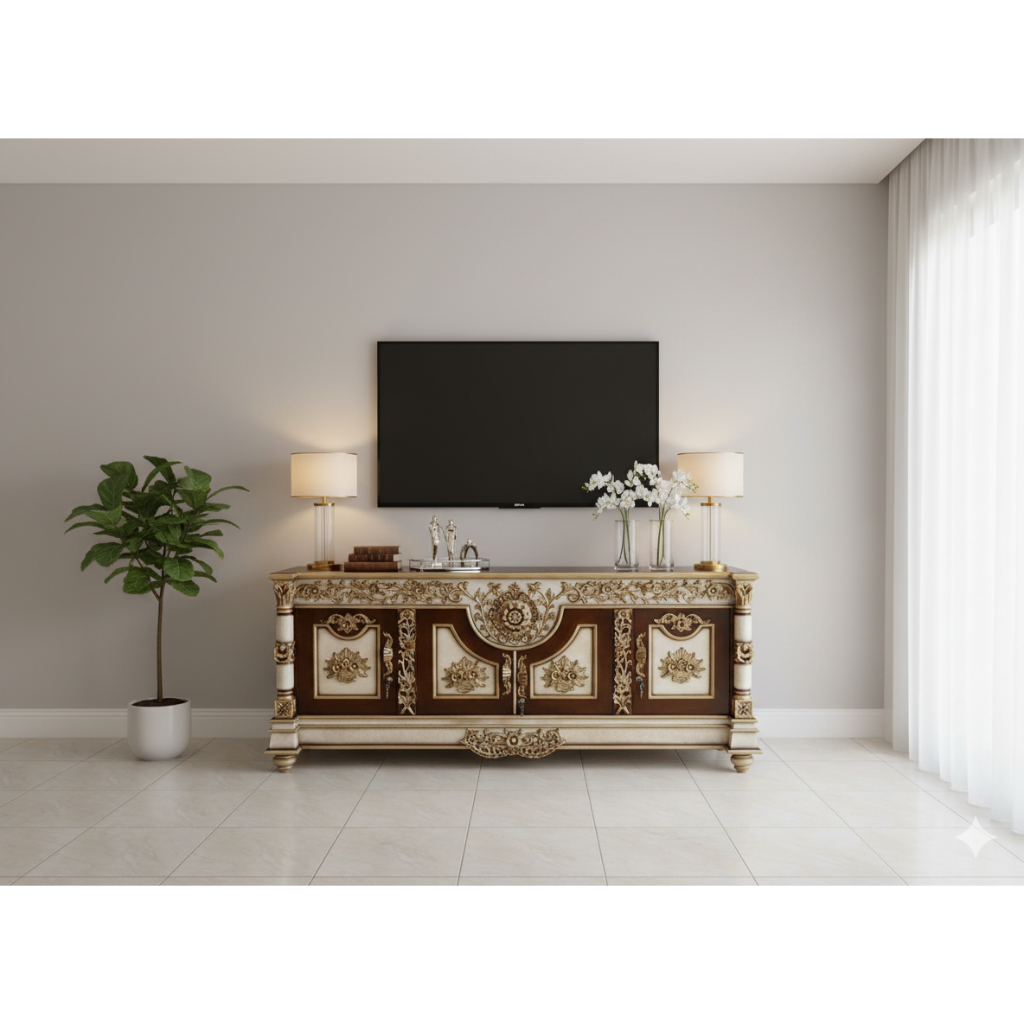 Bufet bulan kombinasi duco putih kayu jati bagus sekali mewah modern kayu jati