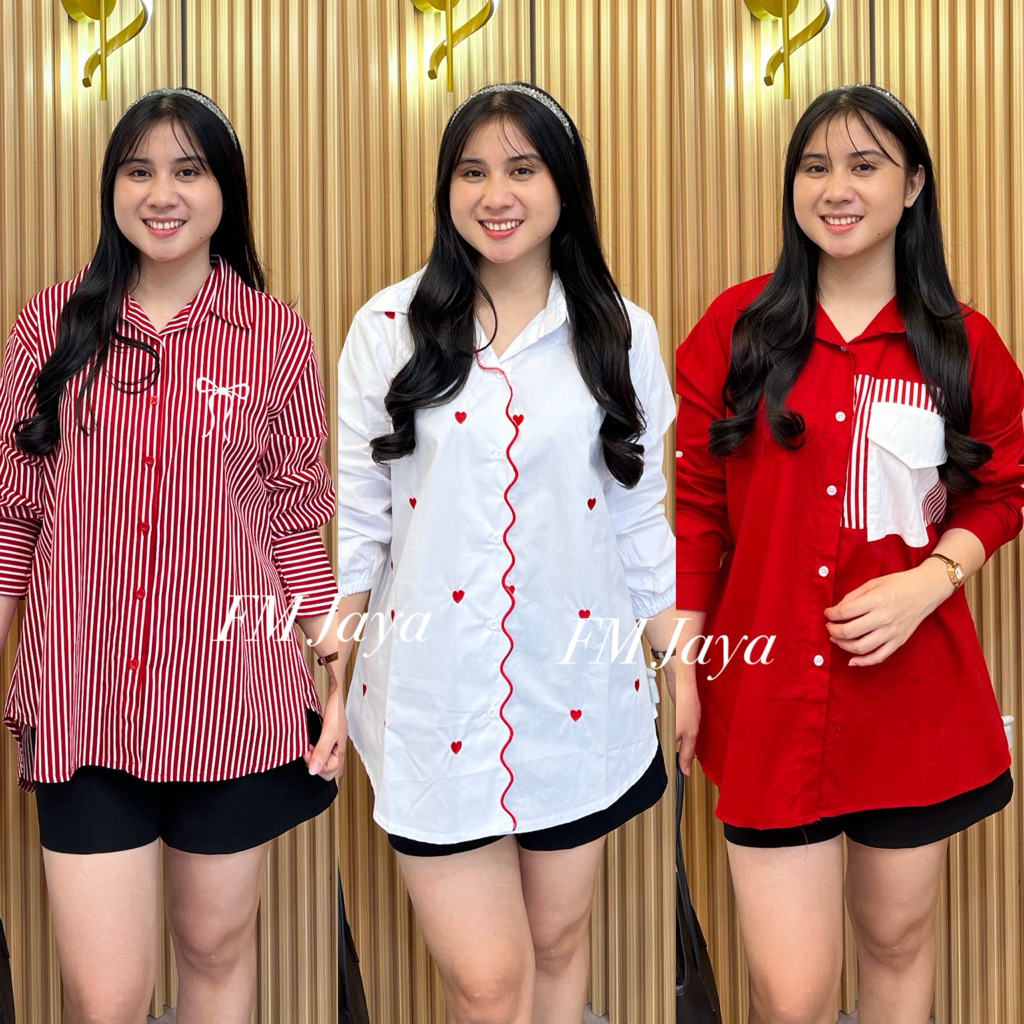 ATASAN KEMEJA  MERAH WANITA KOMBINASI  || KEMEJA JEANS WANITA || KEMEJA MERAH PUTIH WANITA LENGAN PA