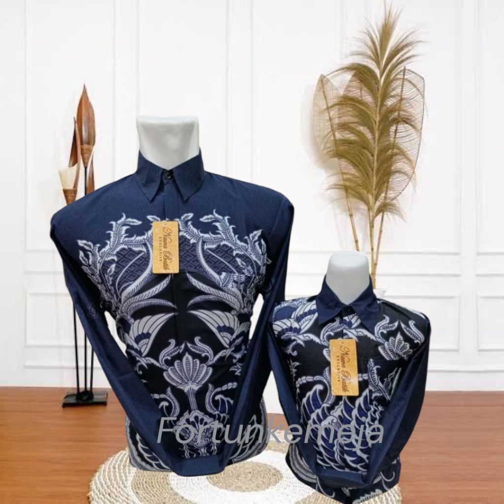 13 Batik couple ayah anak biru Dongker(NEVY)-batik couple keluarga-baju batik ayah anak lengan panja