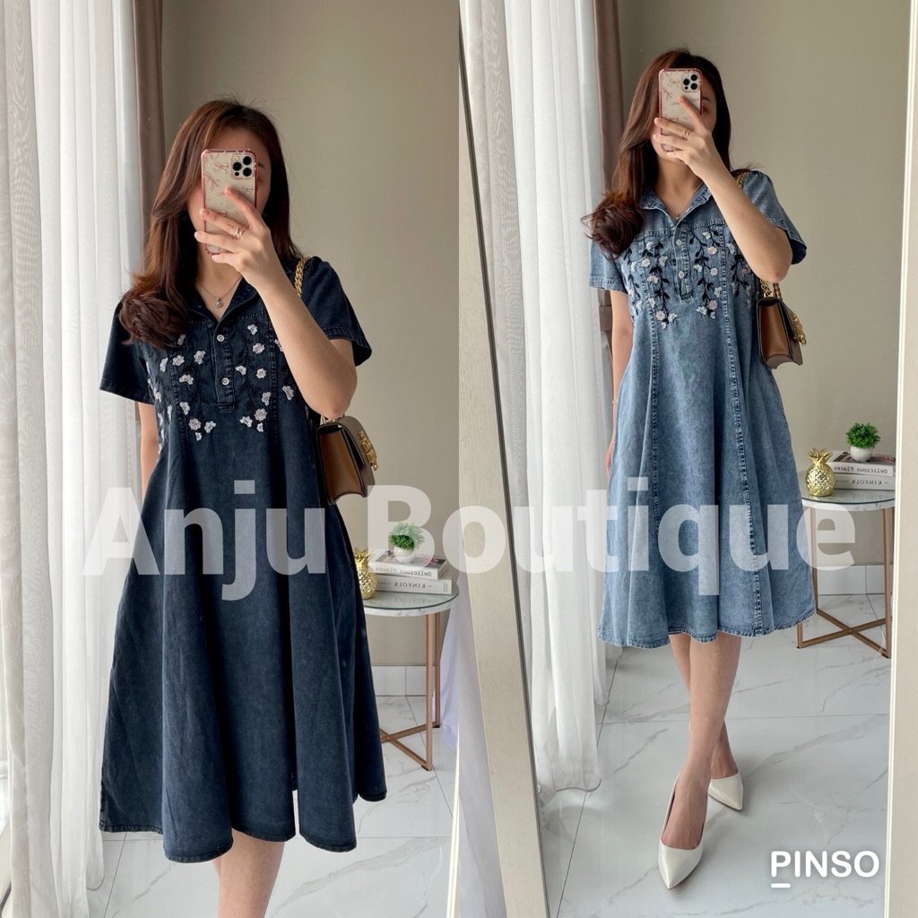Floral Dress Denim Bordir Wanita | Denim Dress Lengan Pendek | Denim Dress Bumil - GRACE Floral Deni