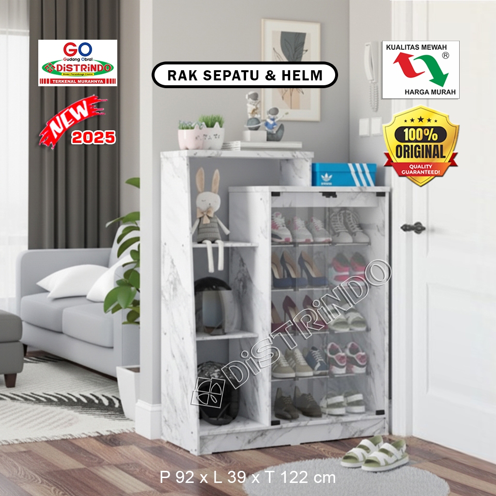 Distrindo - Lemari Rak Sepatu Tas HELM dengan 2 Pintu Kaca Bahan Full Papan Tebal Kualitas Mewah