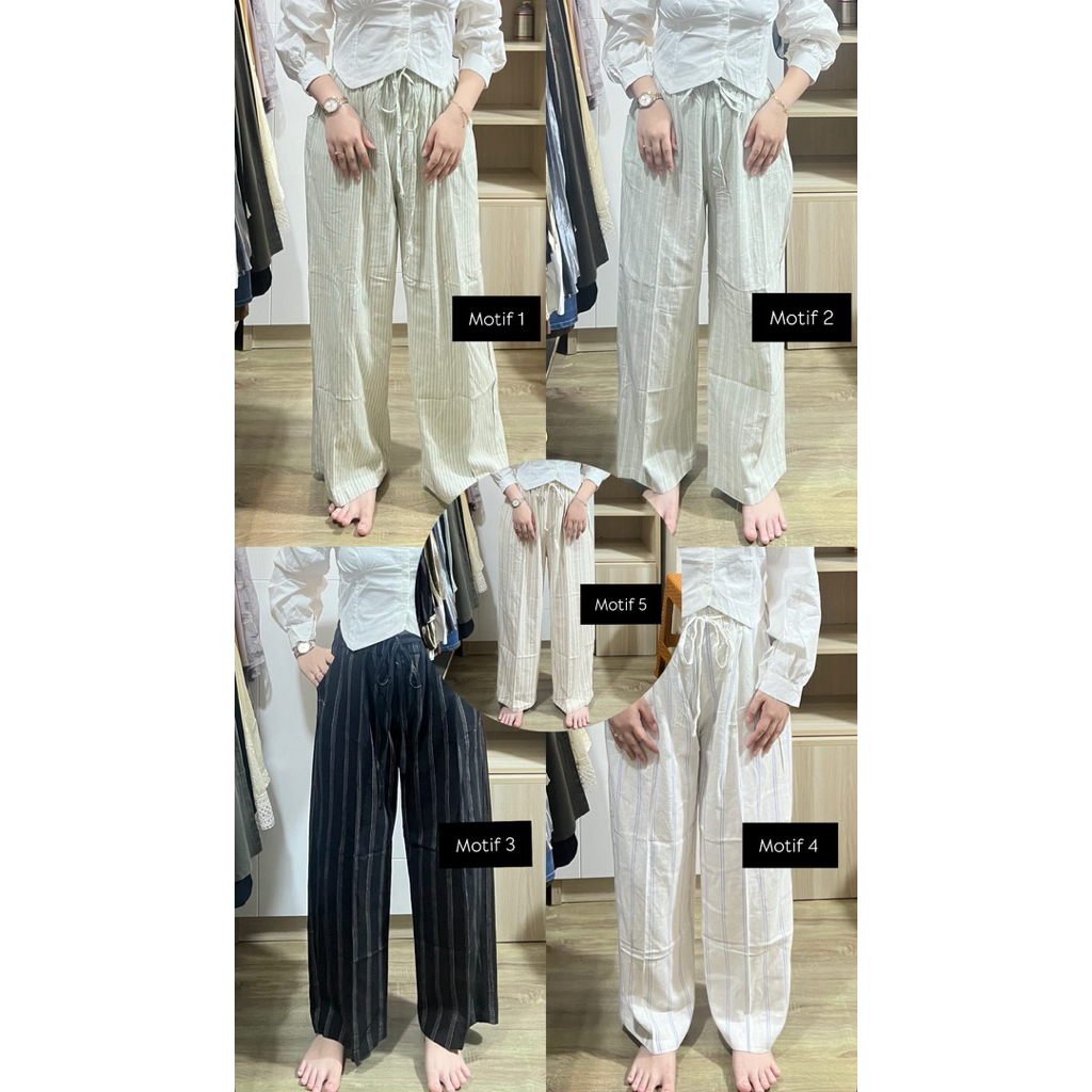 Celana Stripe Kulot Karet Linen Jumbo