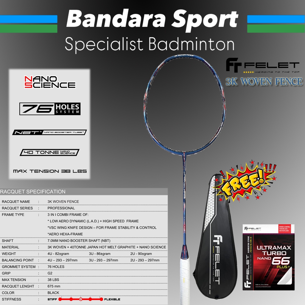FELET 3K WOVEN FENCE BLUE | Felet FENCE Tension 38 lbs Raket Badminton Bulutangkis