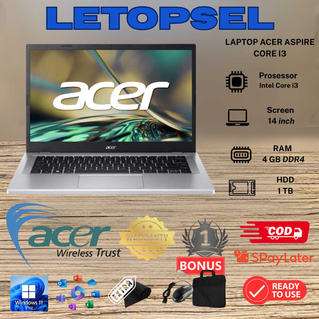 LAPTOP Acer Aspire Core i3/ RAM 8GB /HDD 1TB // BONUS TAS LAPTOP & MOUSE