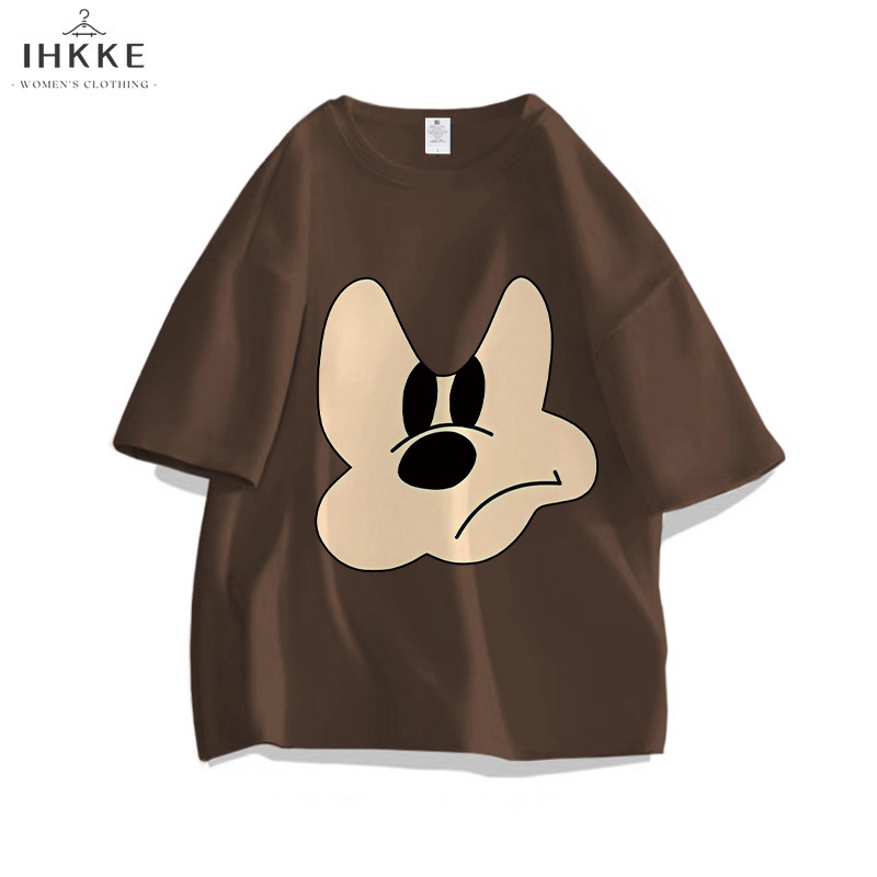 IHKKE Atasan Wanita Kekinian | Kartun Ikon Mickey Mouse Disney Cetak Pola Baju Coklat | Lengan Pende