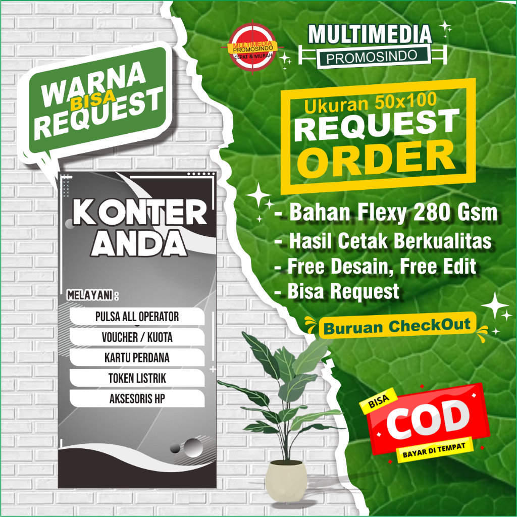 BANNER KONTER1 100X50CM FREE EDIT NAMA KONTER/SPANDUK KONTER/FREE DESAIN/MMT KONTER