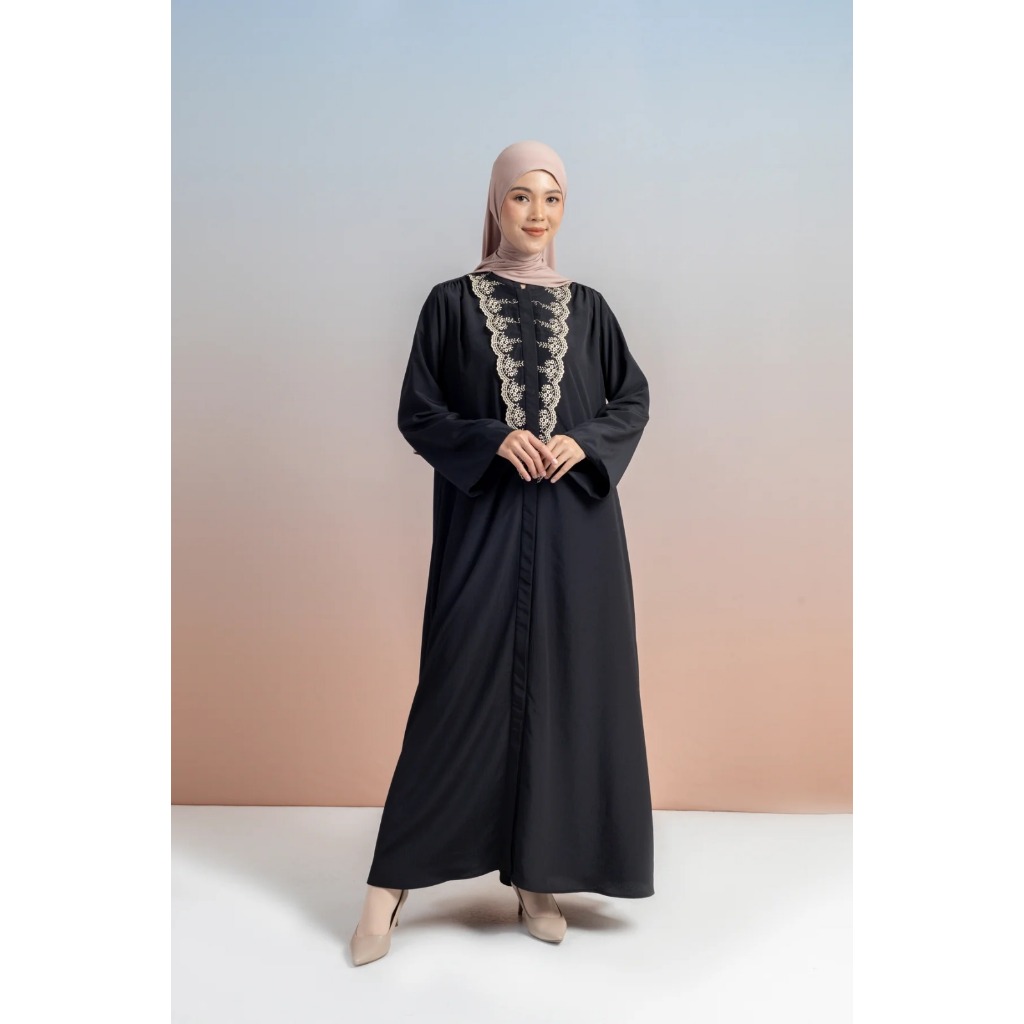 Elzatta Gamis Abaya Mecca Lace Hitam Crinckle