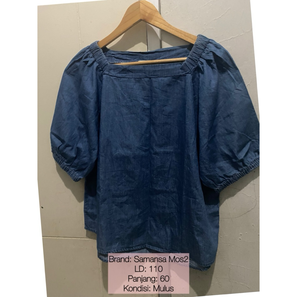 Preloved Atasan Blouse Wanita Lengan Balon Leher Kotak Lengan Balon Denim Katun Korean Style