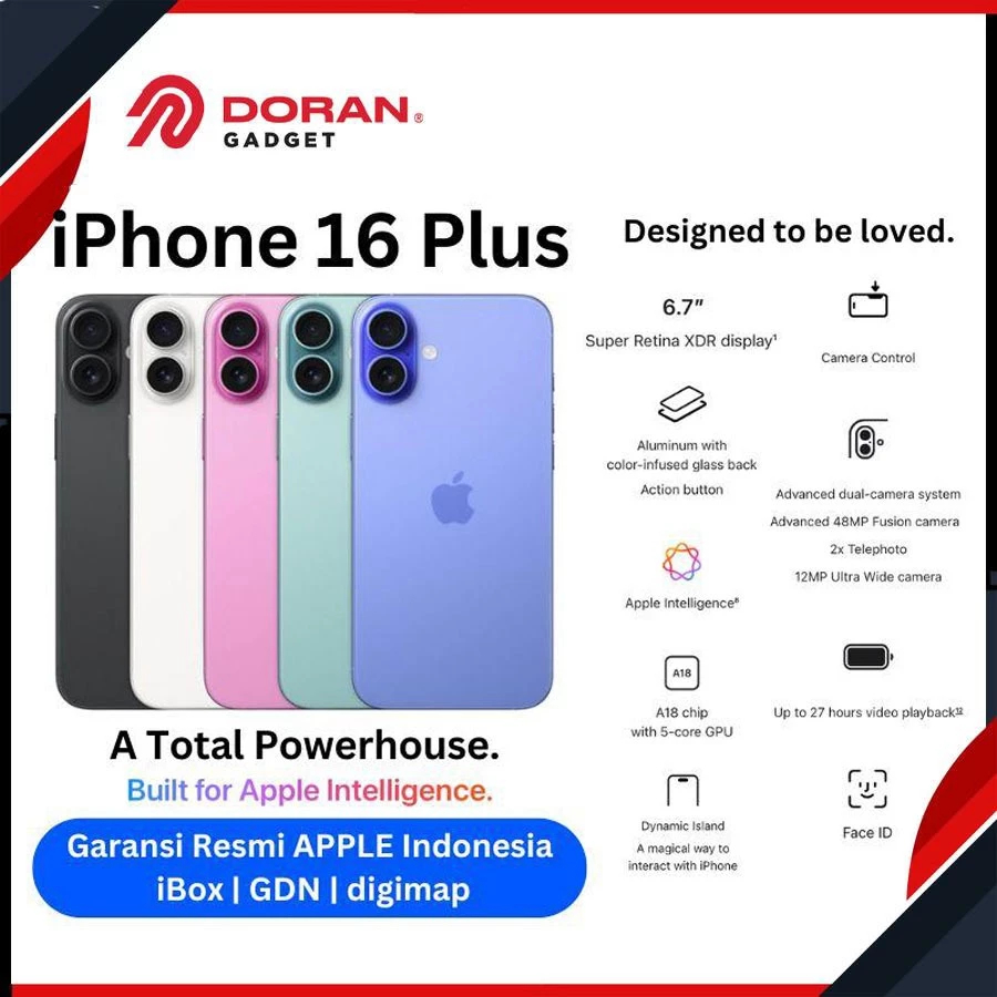 APPLE iPhone 16 Plus 128GB 256GB 512GB A18 CPU 6C GPU 5C OLED Resmi iBOX