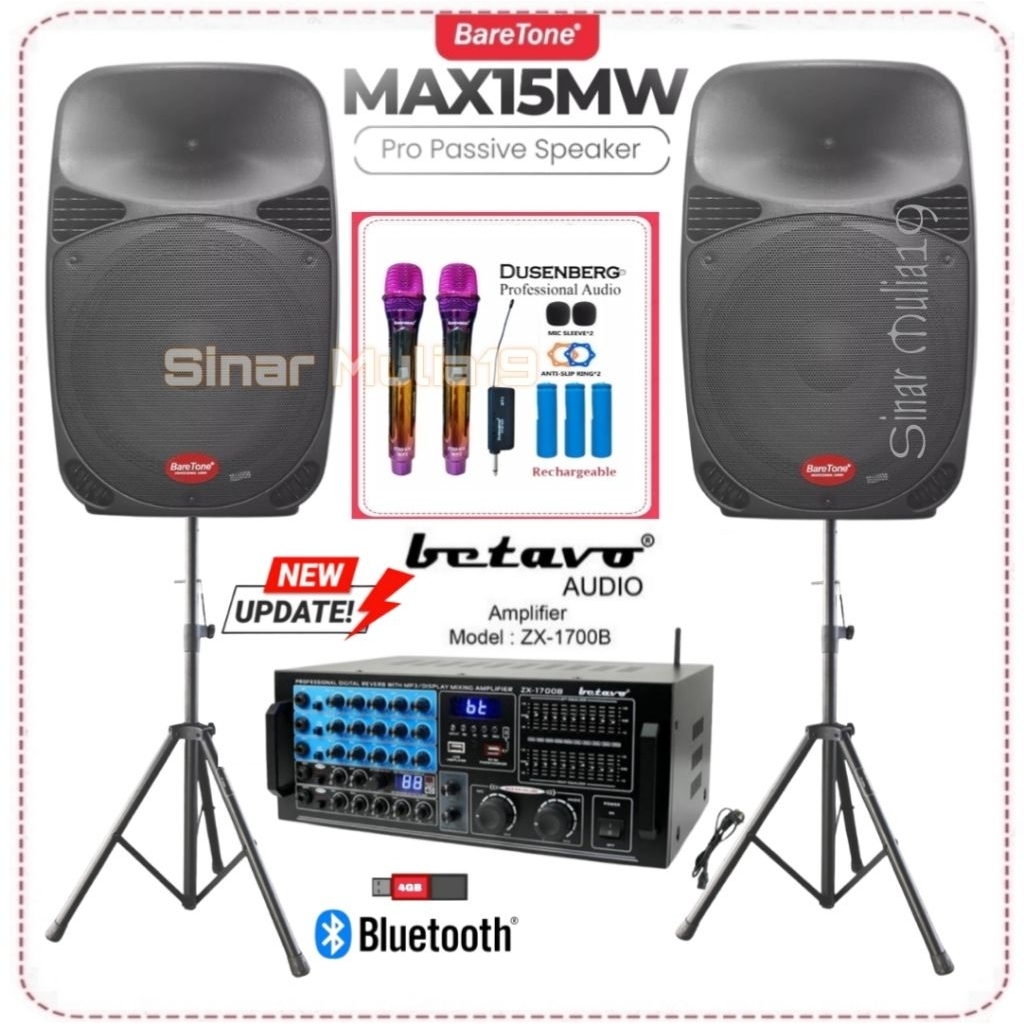 Paket Sound System Karaoke Speaker 15 Inch BareTone Max15mw Amplifier Betavo ZX-1700B Mic Wireless