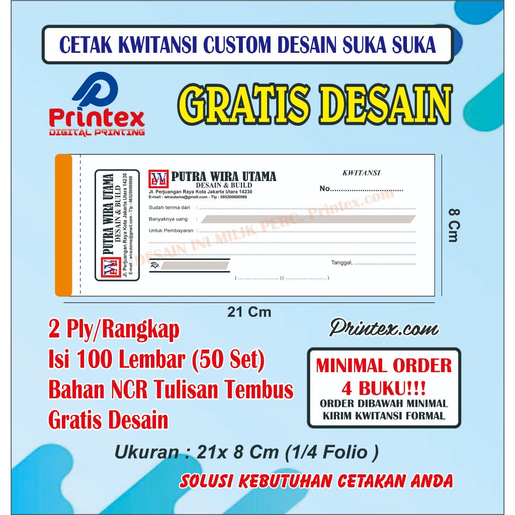 Cetak Kwitansi Custom 2ply Isi 100 Lembar Minimal Order 1 Desain 4 Buku PRINTEX / Kwitansi Custom