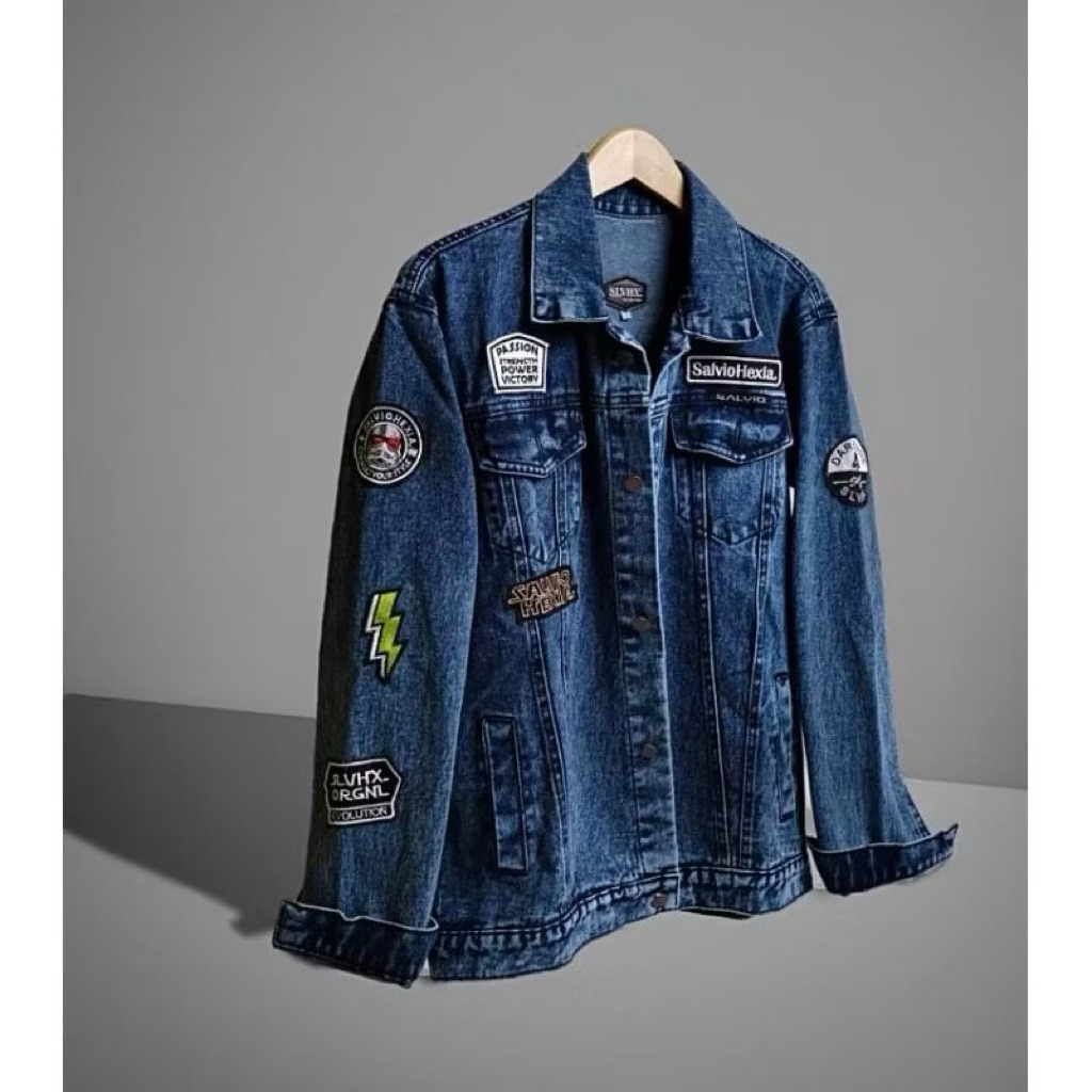 Jaket Jeans Pria Distro SLVHX - Jaket Jeans Denim Cowok  Sandwash Hitam Bordir Oversize M-XXXXL Terb