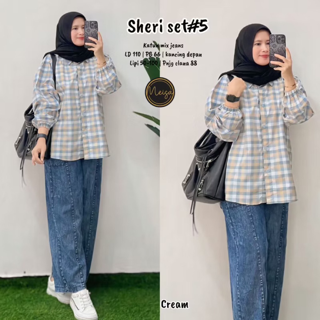 AZTER SET PREMIUM ORIGINAL BY AMELIA SETELAN LONG TUNIK MOTIF KOTAK KOTAK DAN CELANA PANJANG POLOS S