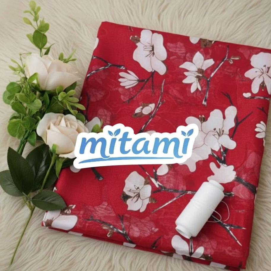 Kain Sifon Jepang Uragiri / Rubiah Motif Bunga Sakura Merah Putih – Bahan Ringan, Adem & Flowly untu