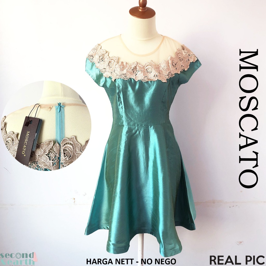 NEW Moscato Dress Brokat (S-M) Terusan Pesta Fit Flare Aline Taffetta Satin Hijau Polos Brokat Tile 