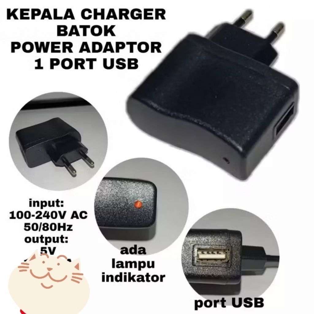 KEPALA CHARGER BATOK HITAM ADA LAMPU LED