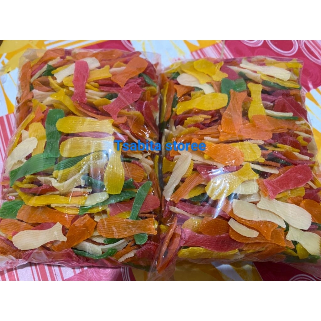 Termurah krupuk bentuk ikan warna warni | krupuk Fuji kemasan 1kg / 500gr
