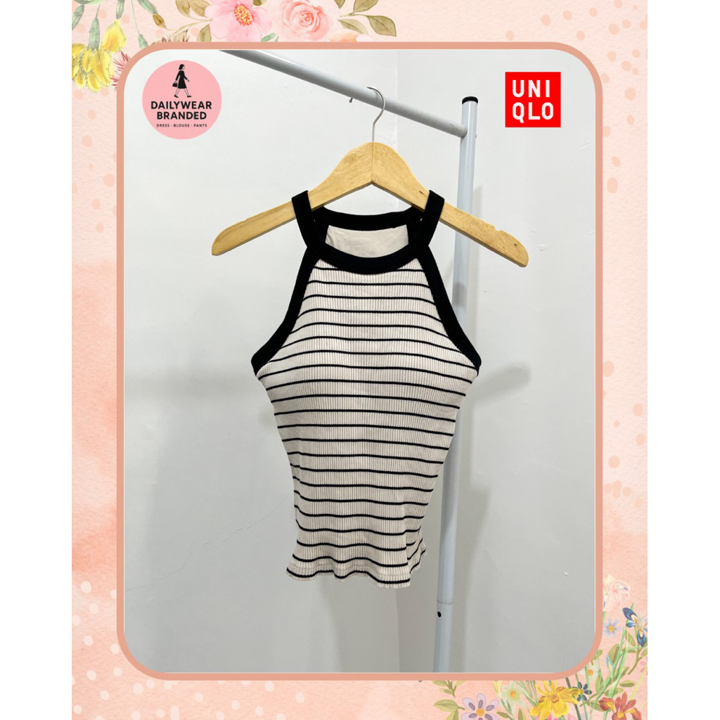 UNIQLO ORIGINAL Halter Neck Bra Sleeveless Top in Off White Salur Putih Hitam Crop Bra Tank Top Knit