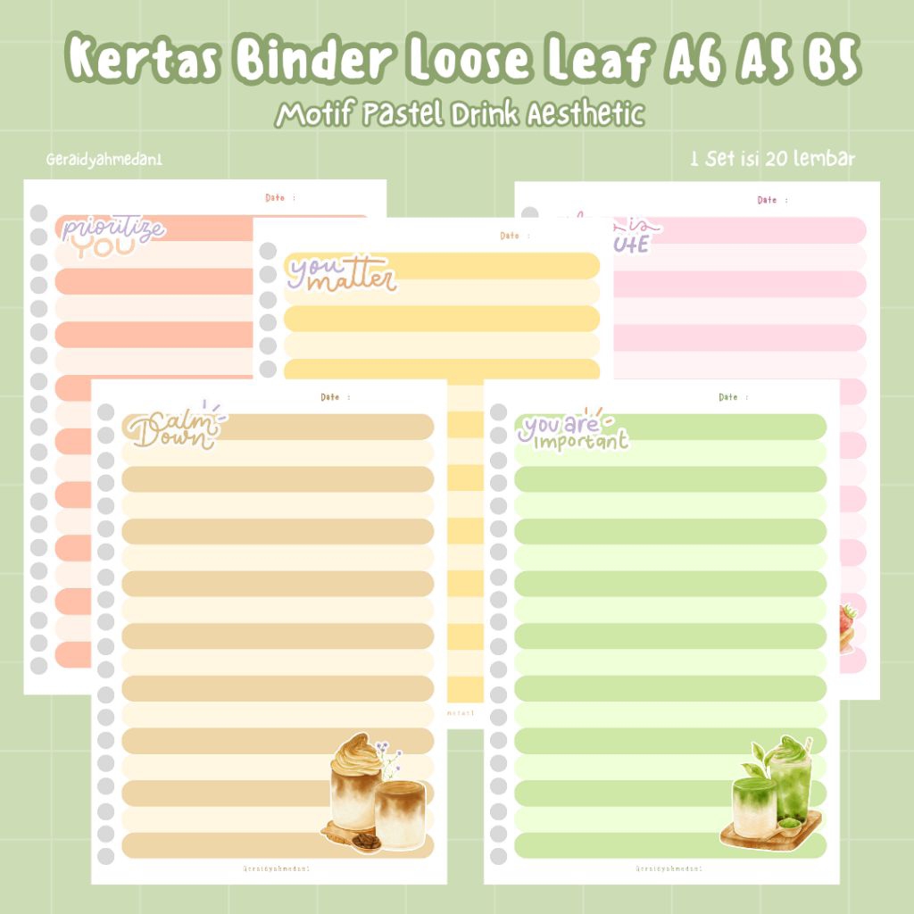 Kertas Binder Loose Leaf A6 A5 B5 Motif Pastel Drink Aesthetic