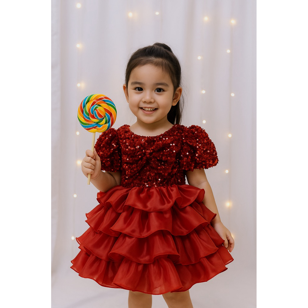 Gaun Organza Rok Susun Mekar Fashion Anak Perempuan dengan Ruffle dan Detail Sequin