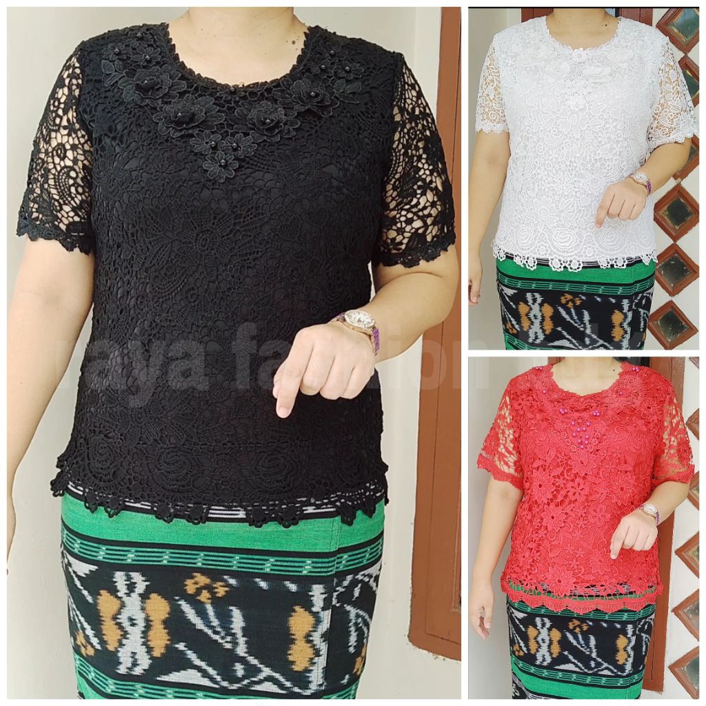 atasan brokat bunga lengan pendek putih