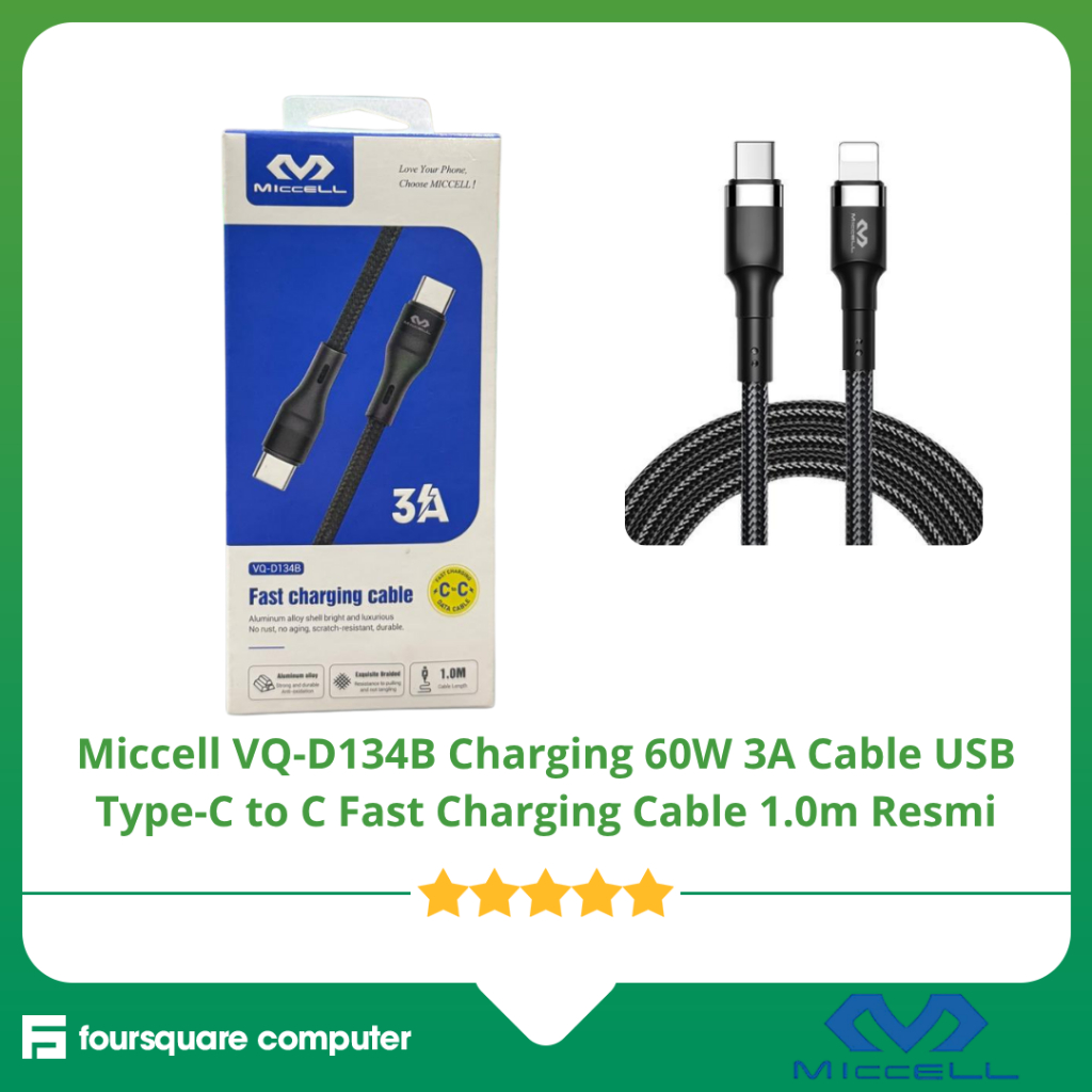 Miccell VQ-D134B Charging 60W 3A Cable USB Type-C to C Fast Charging Cable 1.0m Resmi