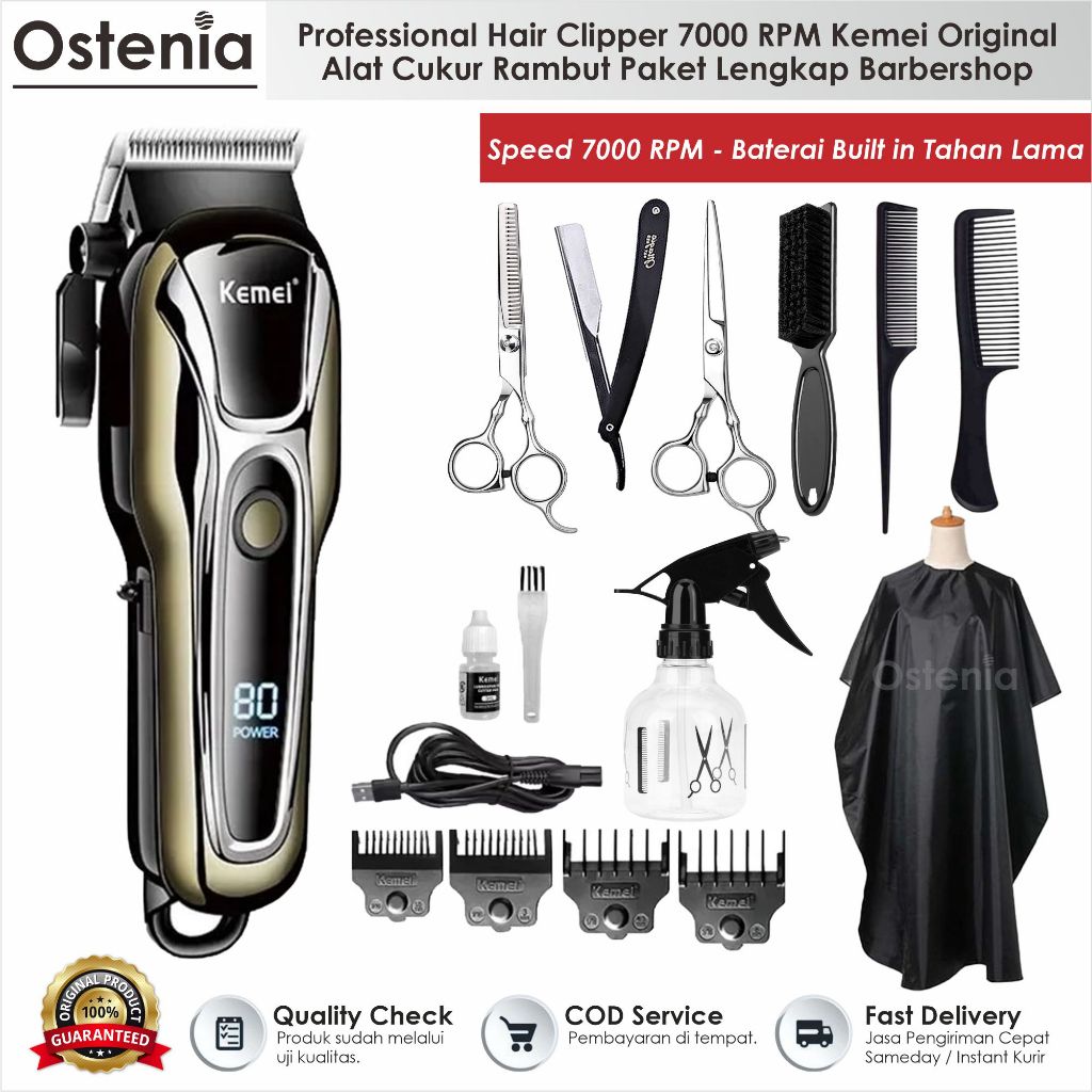 Alat Mesin Cukur Rambut Original Kemei 7000 RPM Baterai Cas Lengkap Gunting Rambut Stainless Razor