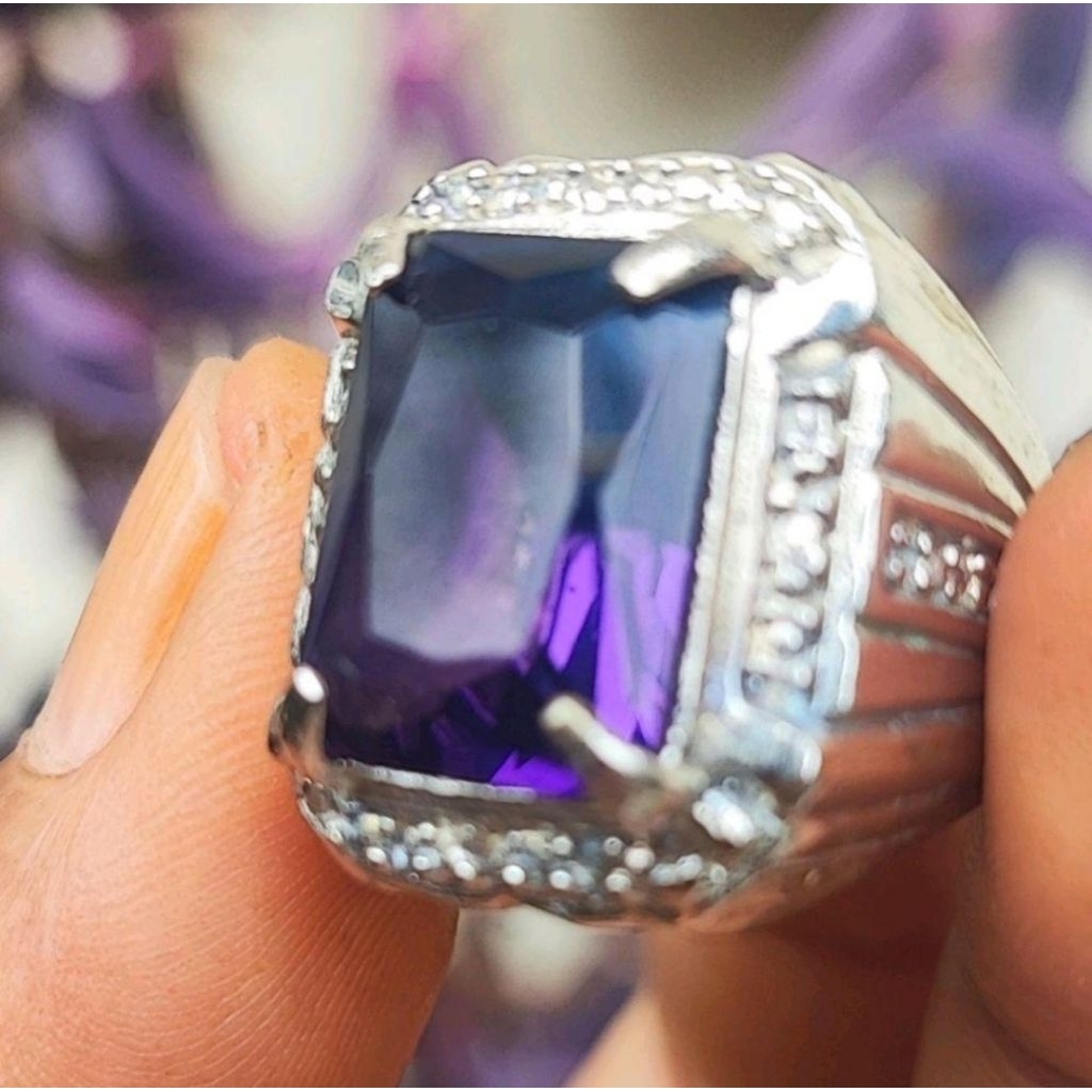 cincin batu akik kecubung kalimantan kotak ring alpaka