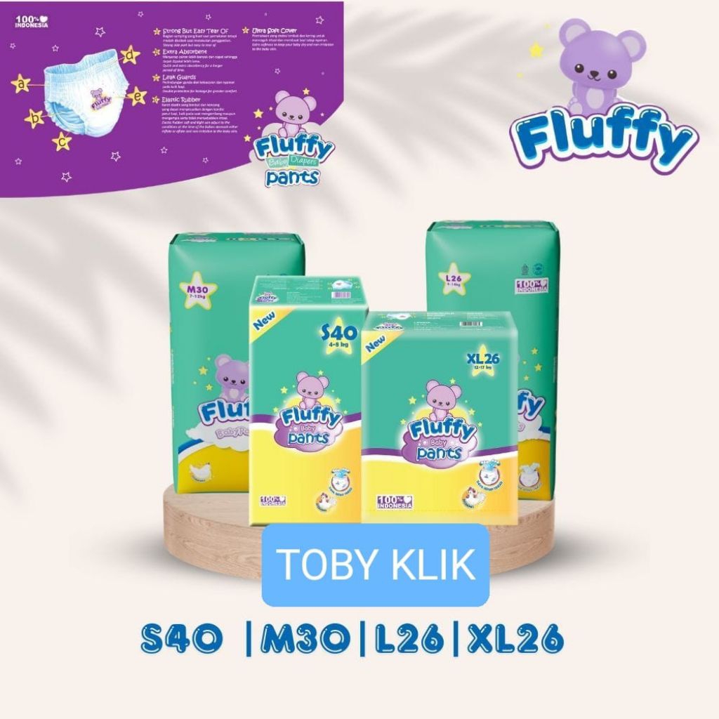 FLUFFY Popok Bayi Tipe Celana S40 // M30 // L26 // XL26 Breathable Daya Serap Tinggi, Anti Iritasi &