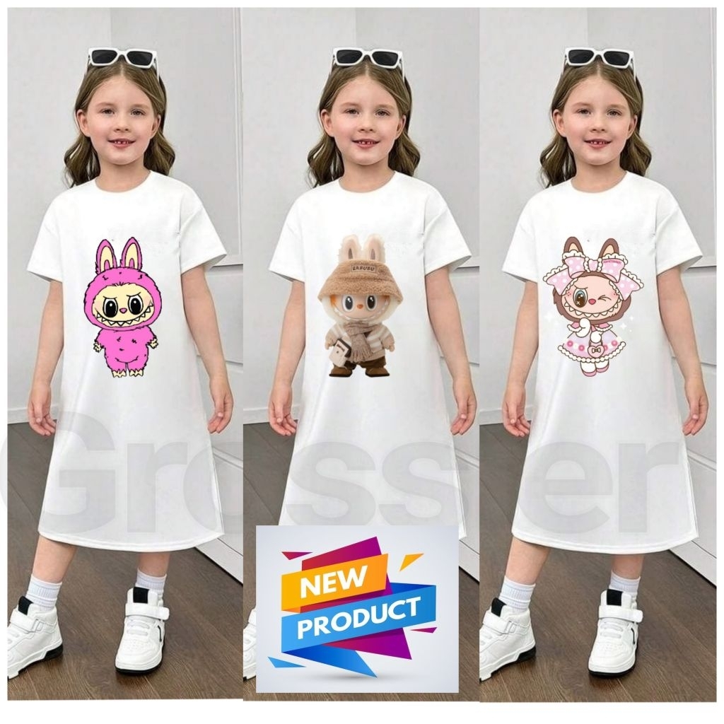 Labubu Dress Anak Perempuan  Putih | Tunik Anak Perempuan Putih | Baju Anak Perempuan