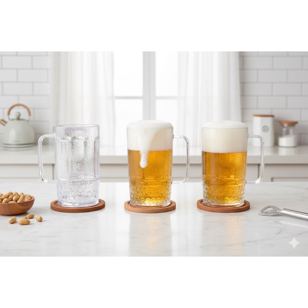 Paket 6 Pcs Gelas Jumbo Bening Gagang Plastik Tebal / Cangkir Gagang Transparan Bening