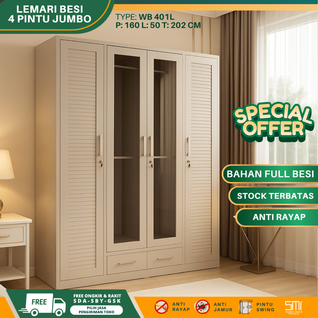 Lemari Besi 4 Pintu LED - Lemari pakaian sliding, lemari baju besi, lemari besi 4 pintu, lemari besi