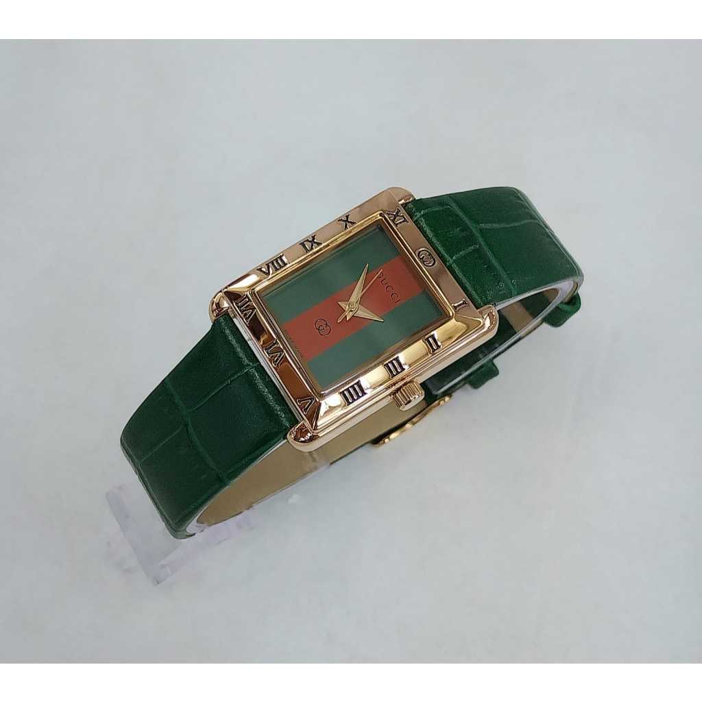 Jam Tangan Wanita Analog Stainless Steel Leather Kulit Gucci Motif Buaya Kotak Case Rose Gold Perseg