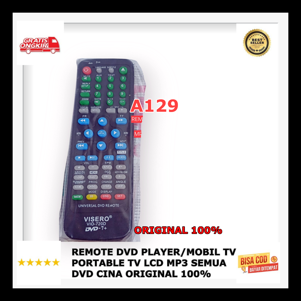 A129 REMOTE VISERO DVD PLAYER DVD MOBIL SERBA GUNA TV PORTABLE TV LCD MP3 CINA ORI 100% REMOT MULTI 