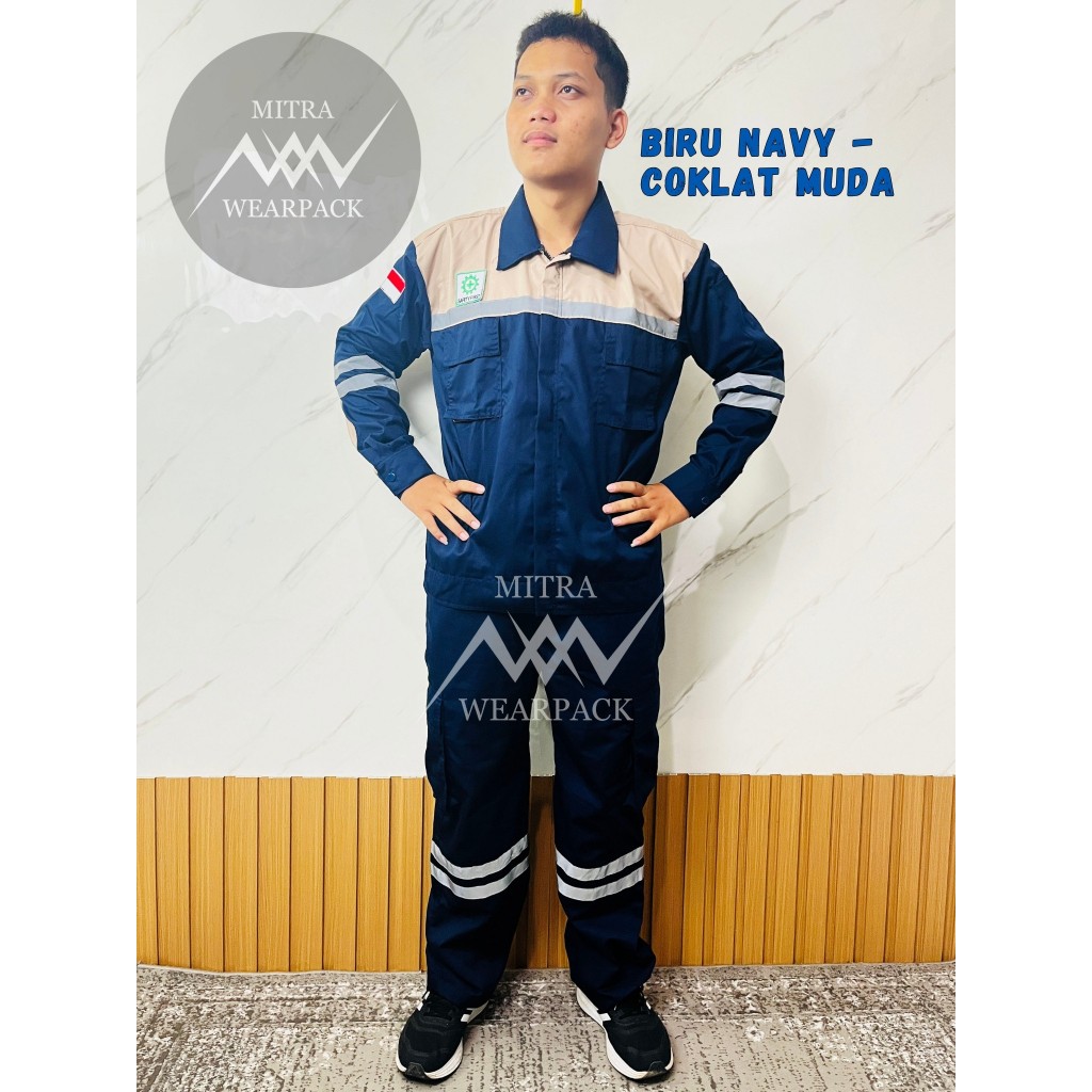 Wearpack Safety Setelan || Biru Navy - Coklat Muda