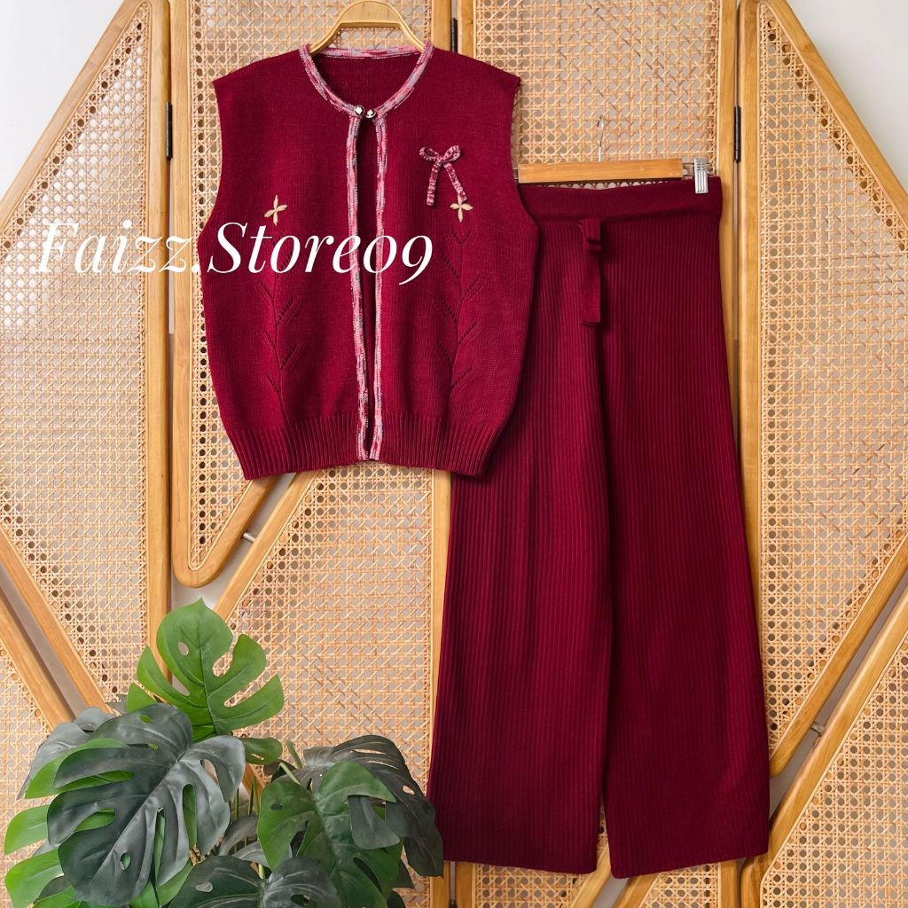 Oneset Moon Vest Rompi Rajut Kancing Motif Pita Lucu Setelan Celana Kulot Premium Wanita Kekinian